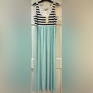 NWT KATE KASIN Maxi Dress Navy & White Striped Top W/Teal Skirt Size XL